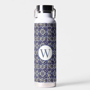 Italiaans Azulejo Blue White Geometric Monogrammed Waterfles