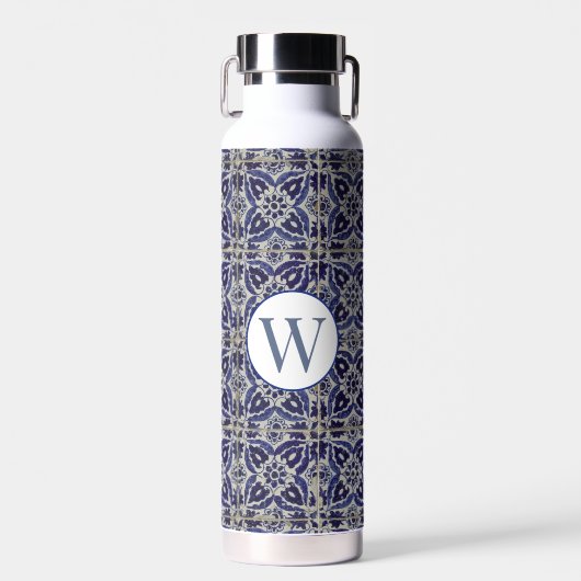 Italiaans Azulejo Blue White Geometric Monogrammed Waterfles (Voorkant)