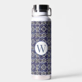 Italiaans Azulejo Blue White Geometric Monogrammed Waterfles (Achterkant)