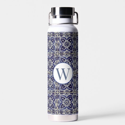 Italiaans Azulejo Blue White Geometric Monogrammed Waterfles (Achterkant)