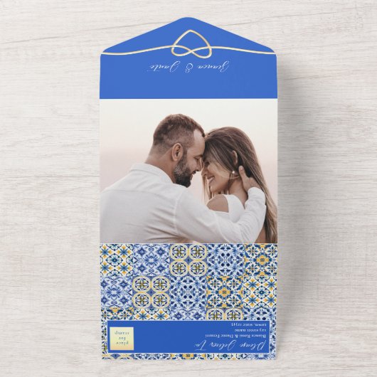 Italiaans blauw bruiloft all in one uitnodiging (Buitenkant)