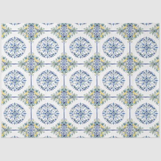 Italiaans Blauw en wit Citroen Bloemen Tegel Decou Tissuepapier (Voorkant)