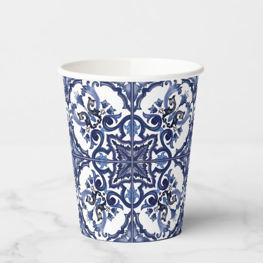 Italiaans Blauw en Wit Siciliaans Majolica Mozaïek Papieren Bekers (Links)