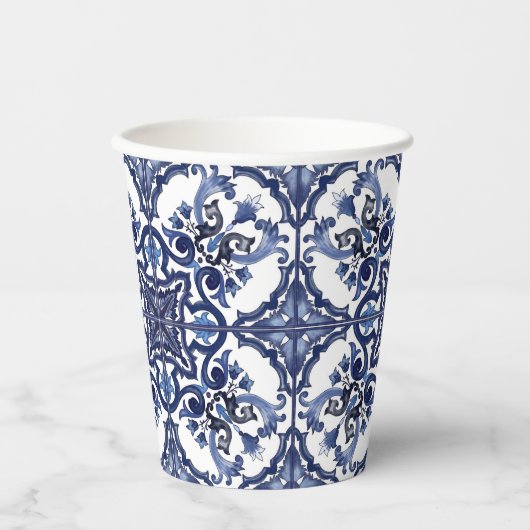 Italiaans Blauw en Wit Siciliaans Majolica Mozaïek Papieren Bekers (Voorkant)