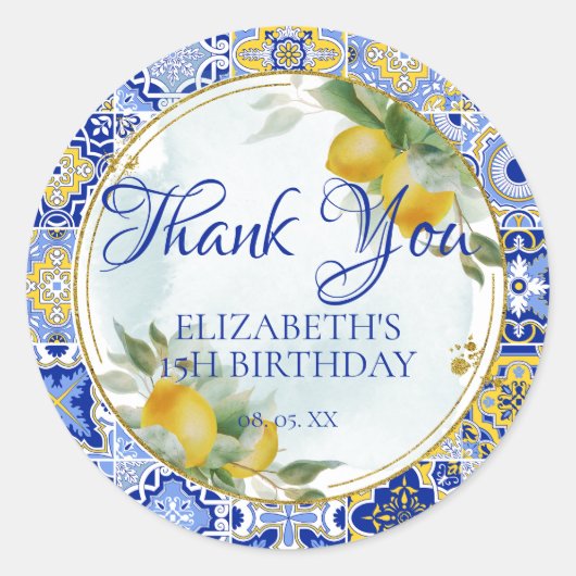 Italiaans Blauw Goud Tegel Citroenen Script Bedank Ronde Sticker (Voorkant)