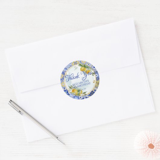 Italiaans Blauw Goud Tegel Citroenen Script Bedank Ronde Sticker (Envelop)