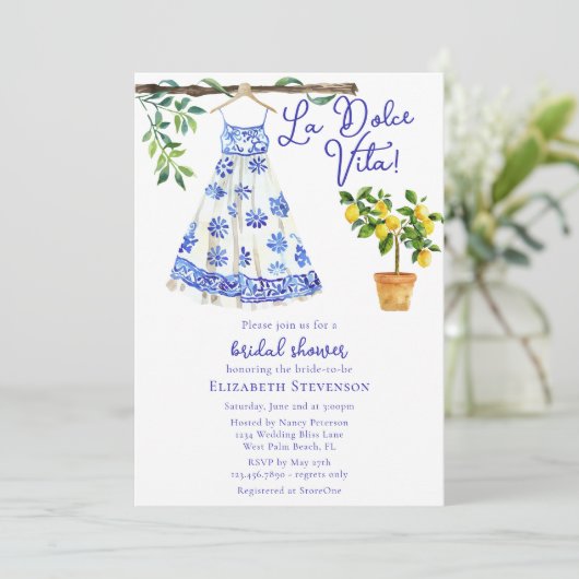 Italiaans blauw jurkje La Dolce Vita Vrijgezellenf Kaart (Staand voorkant)