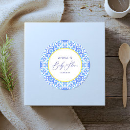 Italiaans Blauw Tegel Baby shower Gele lijn Ronde Sticker