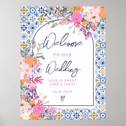 Italiaans blauw tegel bloemenchic bruiloft welkom poster (Voorkant)