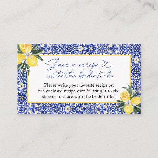 Italiaans blauw tegel bruidsdouche recept verzoek informatiekaartje (Voorkant)