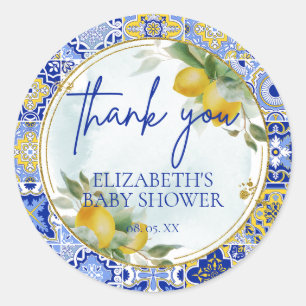 Italiaans Blauw Tegel Citrus Citrus Script Bedankt Ronde Sticker