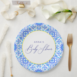 Italiaans blauw Tegel geel lijn Baby shower script Papieren Bordje