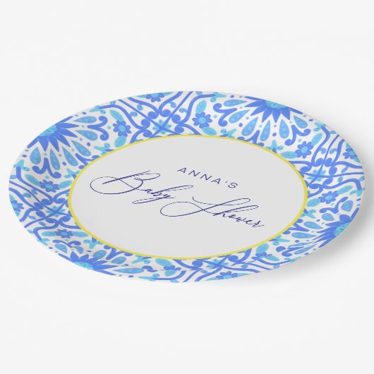 Italiaans blauw Tegel geel lijn Baby shower script Papieren Bordje (Gekanteld)