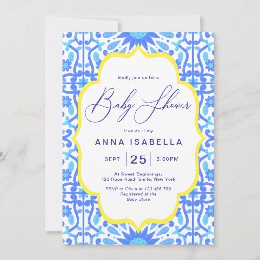 Italiaans Blauw Tegel Geel Lijst Baby shower Kaart (Voorkant)
