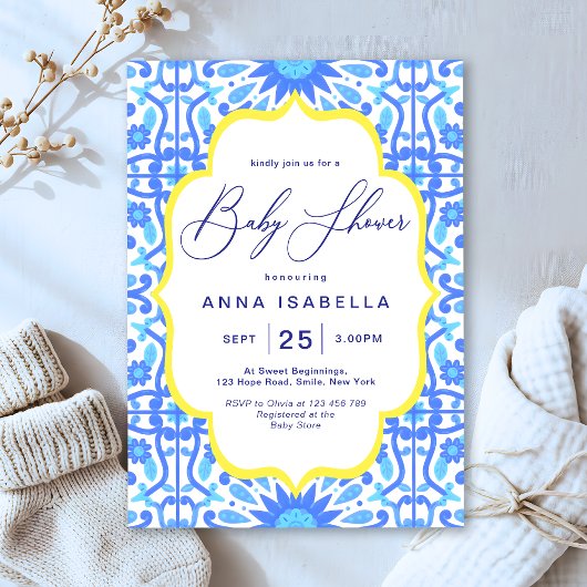 Italiaans Blauw Tegel Geel Lijst Baby shower Kaart