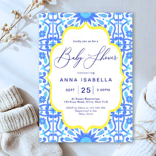 Italiaans Blauw Tegel Geel Lijst Baby shower Kaart