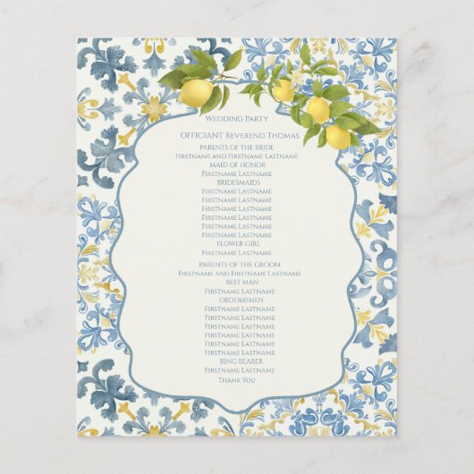 Italiaans Blauw Tegel Lemon Wedding Ceremony Progr (Achterkant)