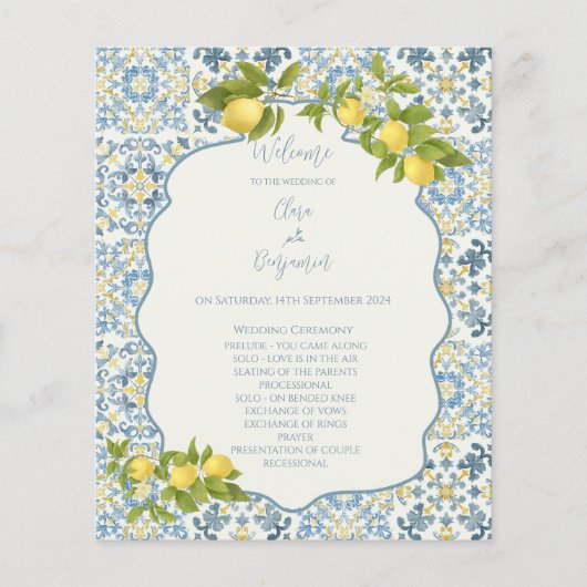 Italiaans Blauw Tegel Lemon Wedding Ceremony Progr (Voorkant)