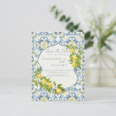 Italiaans Blauw Tegel Lemon Wedding Save the Date Aankondigingskaart (Staand voorkant)