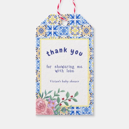 Italiaans Blauw Tegel Mamma Mia Baby shower Cadeaulabel (Voorkant)