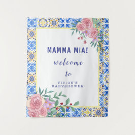 Italiaans Blauw Tegel Mamma Mia Baby shower Welkom Wandkleed