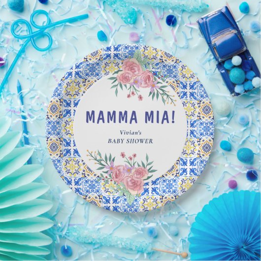 Italiaans Blauw Tegel Mamma Mia Papieren Bordje (Feest)