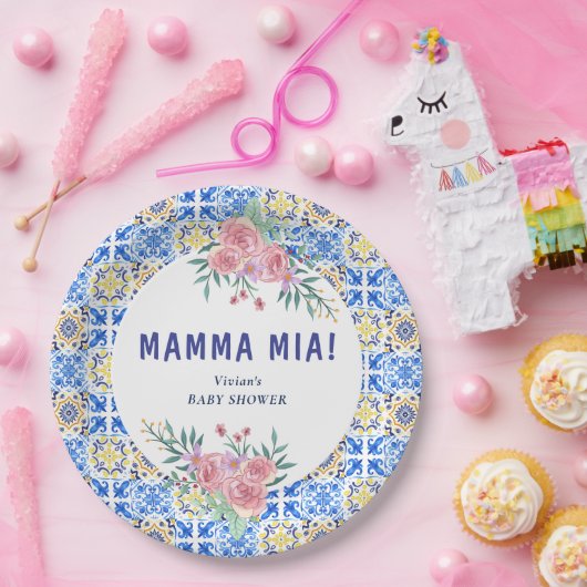 Italiaans Blauw Tegel Mamma Mia Papieren Bordje (Feest)