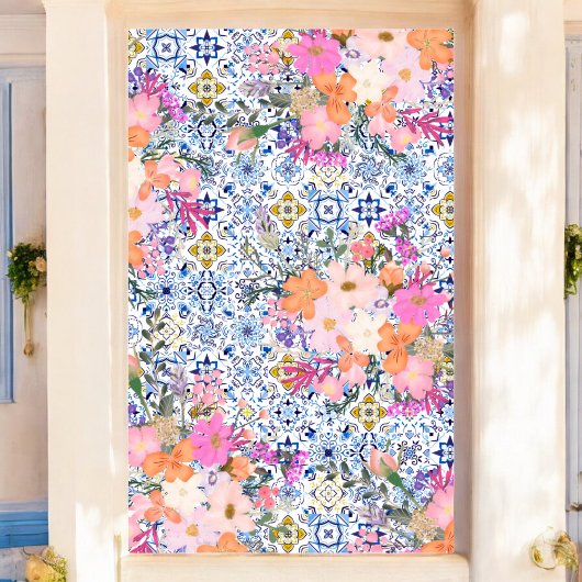 Italiaans blauw tegel waterverf bloemenbruid poster