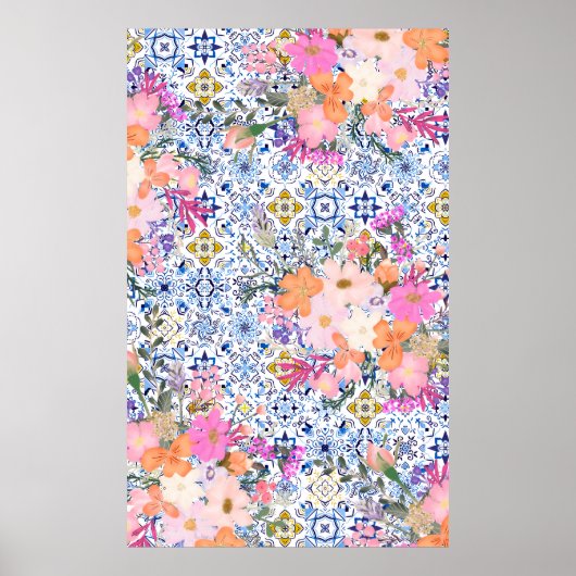 Italiaans blauw tegel waterverf bloemenbruid poster (Voorkant)