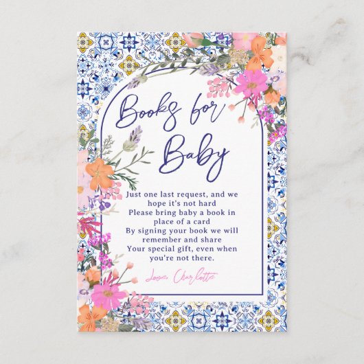 Italiaans blauw tegels bloemboeken voor baby showe informatiekaartje (Voorkant)