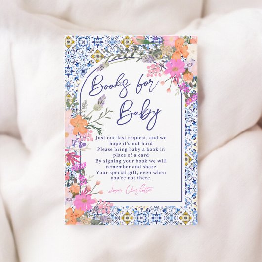 Italiaans blauw tegels bloemboeken voor baby showe informatiekaartje