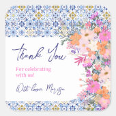 Italiaans blauw tegels bloemendank u baby shower vierkante sticker (Voorkant)