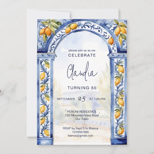Italiaans Blauw tegels boog citroenen verjaardagsf Kaart (Voorkant)