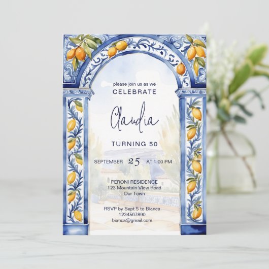Italiaans Blauw tegels boog citroenen verjaardagsf Kaart (Staand voorkant)