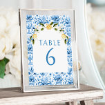 Italiaans blauw tegels citroen bruiloft tafel numm kaart<br><div class="desc">Ontdek tijdloze elegantie met onze klassieke Italiaanse mediterrane thematische trouwtafelnummers,  perfect voor lente- of zomerfeesten. Elk nummer is voorzien van een sierlijke boho-boog versierd met waterverf citroentakken en een op blauw porselein geïnspireerd tegel,  waardoor een vleugje verfijning aan uw receptiedecor wordt toegevoegd.</div>