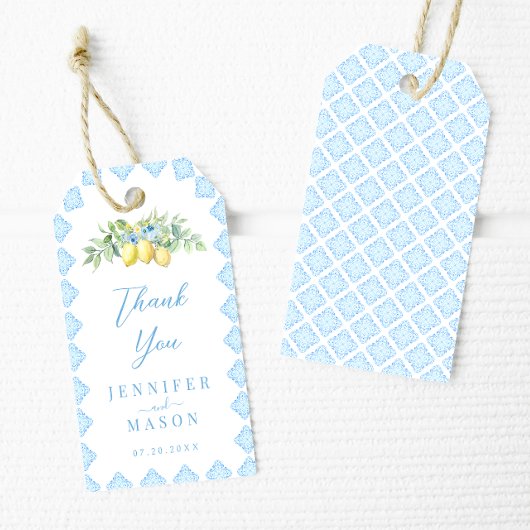 italiaans blauw Tegels citroen kust bruiloft dank  Cadeaulabel