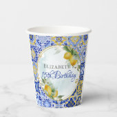 Italiaans Blauw Tegels Citroenen Goud Glitter Lijs Papieren Bekers (Achterkant)