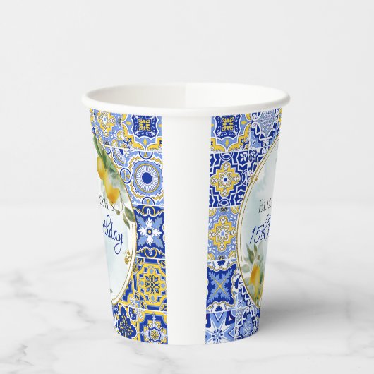 Italiaans Blauw Tegels Citroenen Goud Glitter Lijs Papieren Bekers (Links)