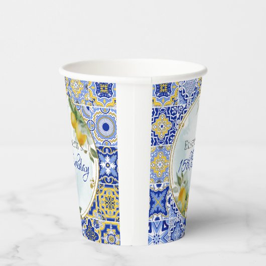 Italiaans Blauw Tegels Citroenen Goud Glitter Lijs Papieren Bekers (Rechts)