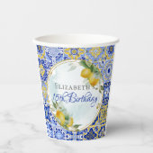 Italiaans Blauw Tegels Citroenen Goud Glitter Lijs Papieren Bekers (Voorkant)