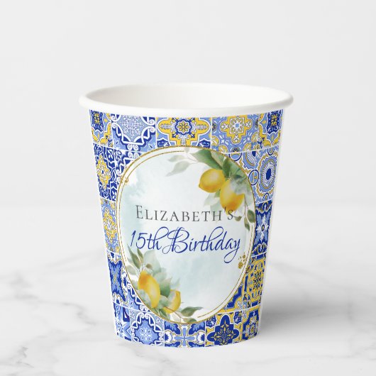 Italiaans Blauw Tegels Citroenen Goud Glitter Lijs Papieren Bekers (Voorkant)