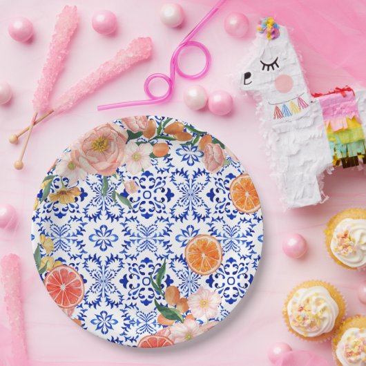 Italiaans blauw tegels mediterraan Vrijgezellenfee Papieren Bordje (Feest)