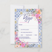 Italiaans blauw tegels waterverf bloemen bruiloft  kaart (Voorkant)