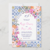 Italiaans blauw tegels waterverf bloemen foto brui kaart (Voorkant)