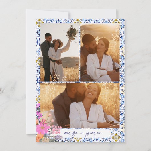 Italiaans blauw tegels waterverf bloemen foto brui kaart (Achterkant)