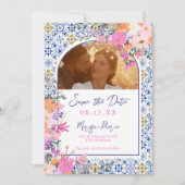 Italiaans blauw tegels waterverf bloemenbruiloft save the date (Voorkant)