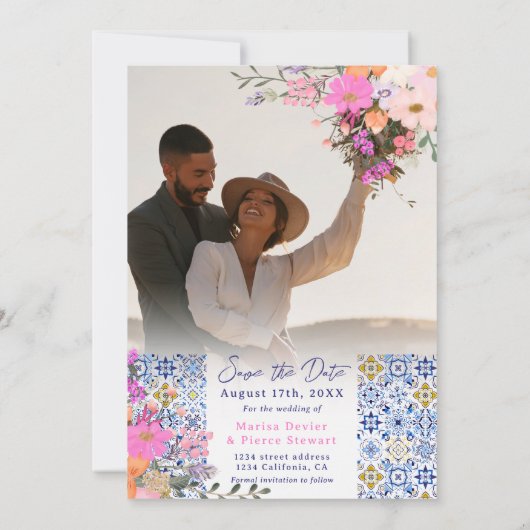 Italiaans blauw tegels waterverf bloemenbruiloft save the date (Achterkant)