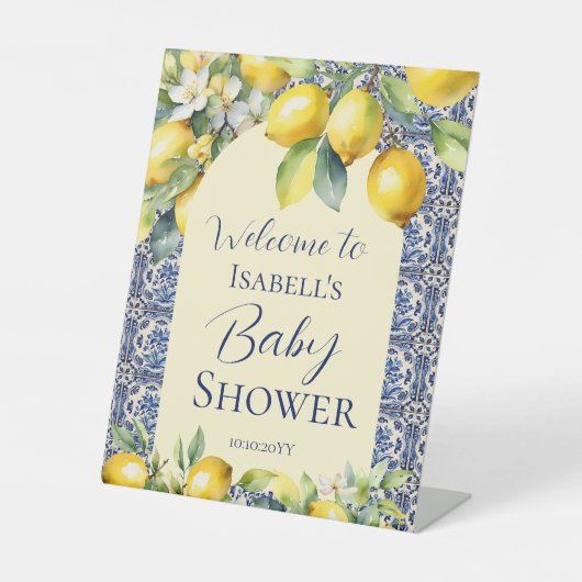 Italiaans blauw tegels waterverf citroen baby welk reclamebord met voetstuk (Voorkant)