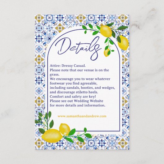 Italiaans blauw tegels waterverf citroen trouwdeta informatiekaartje (Voorkant)
