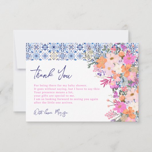 Italiaans blauw tegels waterverf floraal baby show bedankkaart (Voorkant)